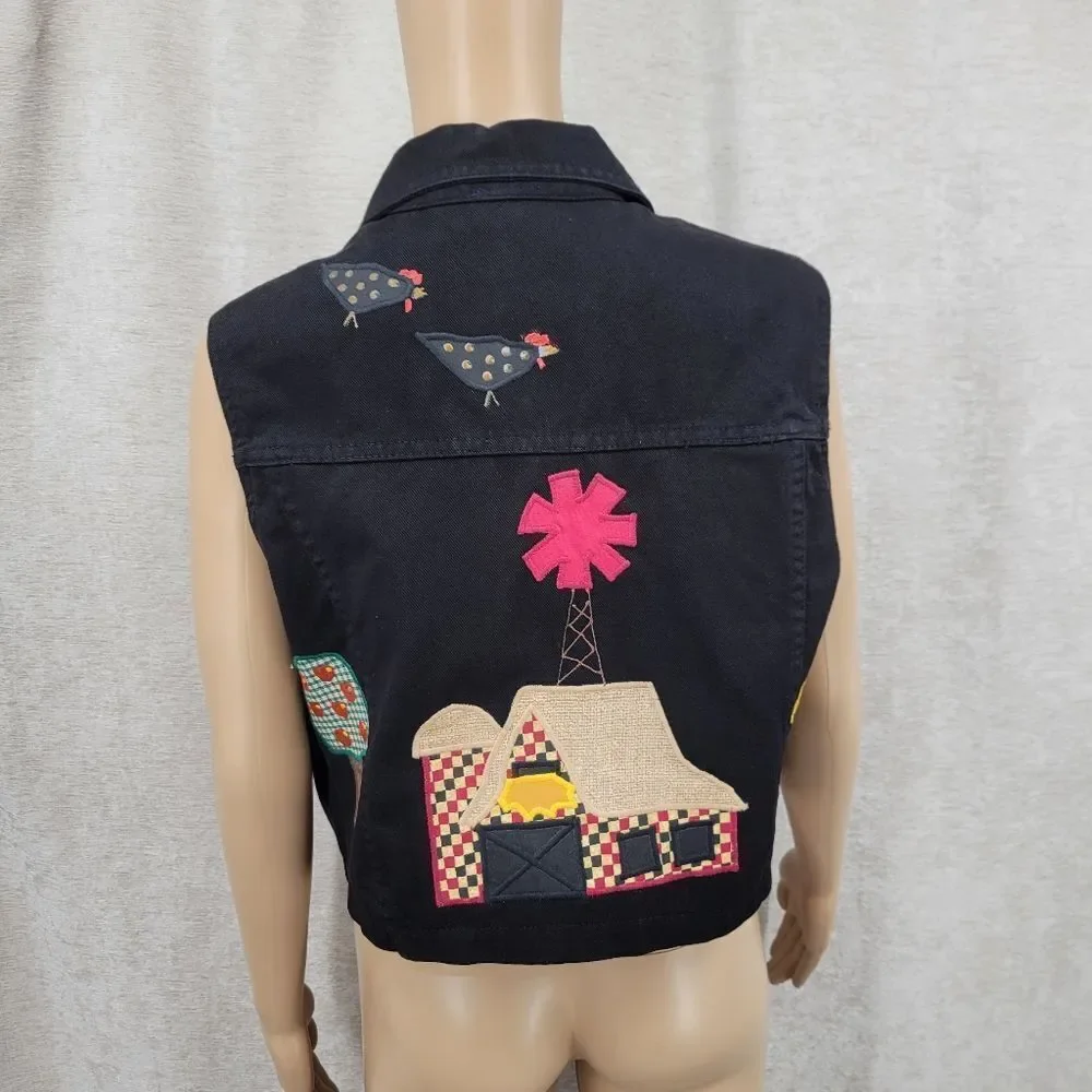 Vintage 80s Black Denim Vest with Embroidered Patches Chickens Farmcore - Picture 11 of 16